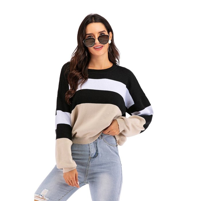 Fashion Women Autumn Winter O-Neck Color Matching Striped Sweater Casual Round Neck Long Sleeve Pullovers Sweater Tops
