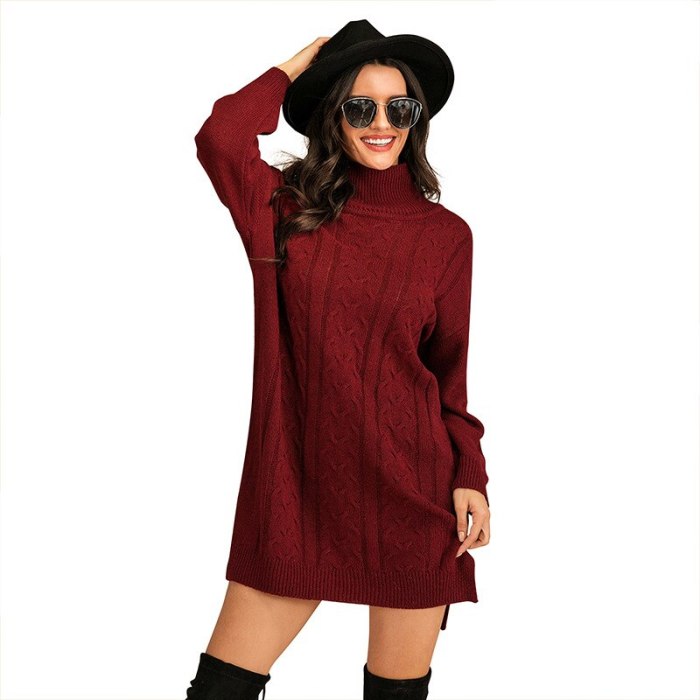 2021 Fall European And American New Women's Mid-Length Sweater Loose Solid Color Knitted Chain Link Flowers High Neck Pullover