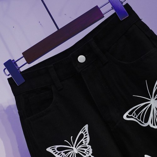 2021 New Fashion Butterfly Print Straight Jeans Women's Large Waist Wide Lleg Street Style Black Jeans For Girl