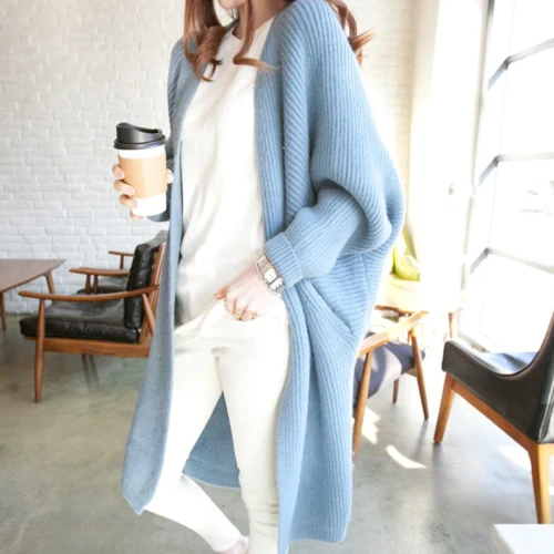 Spring Autumn Solid Long Cardigans for Woman  Casual Loose Ladies Knitted Sweater Female Batwing Sleeve Long Cardigans