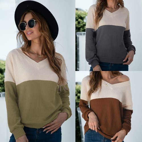 Women V Neck Knit Pullover Autumn Winter Contrast Color Fashion Casual Long Sleeve Tops Tee 2021 New Arrivals Dropshipping