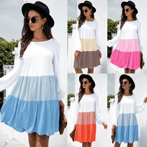 Summer Women Dress Splicing Color Contrast Long Sleeve O Neck Dress Woman Elegant Korea Style Draped A Line Mini Dresses