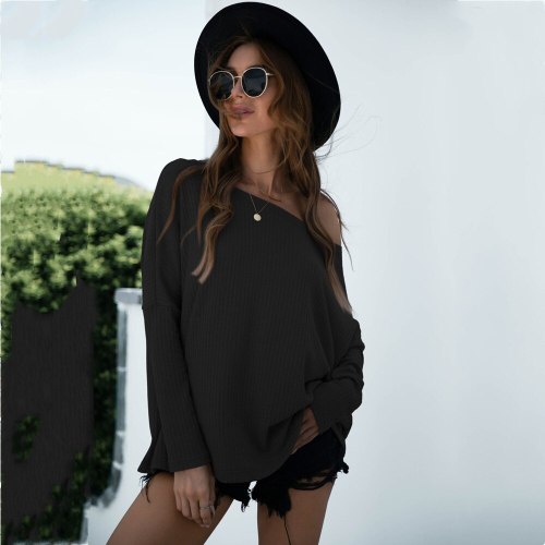 Casual Loose Knitted Pullover Tops 2021 Autumn Winter Sexy Off-The-Shoulder Pit Strip Solid Color Long-sleeved Tshirts Top Women