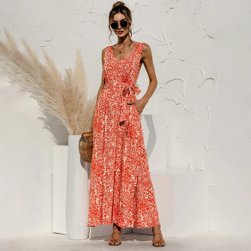 2021 Fashion Spaghetti Strap Maxi Dress Summer Women Floral Print V Neck Sexy Sleeveless Backless Long Dresses Elegant Vestidos