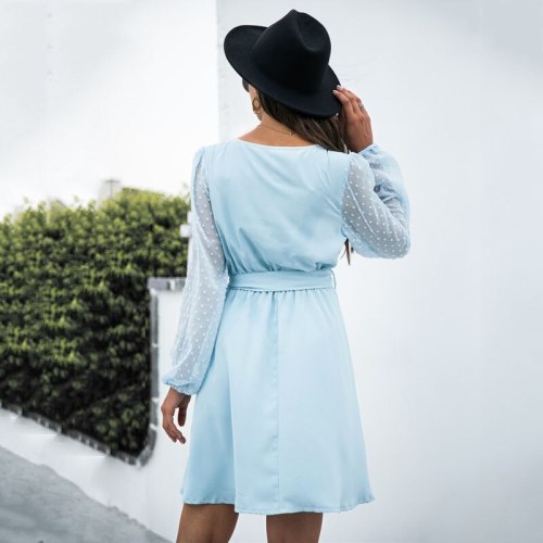 Long Sleeve Dress Autumn Clothes Women 2021 Solid Color V-Neck A-Line Elegant Ladies Casual Party Pleated Dresses Vestidos Mujer