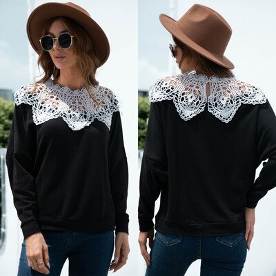Female Black Lace Pullover Hollow Sexy Stitching Top Fashion All-match Ladies Casual Loose T-shirt Harajuku Streetwear Autumn