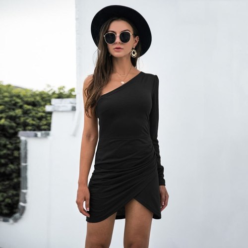 Black Oblique Off One Shoulder Long Sleeve Women Dresses Fall 2021 New Irregular Slim Ruched Bodycon Pack Hips Short Mini Dress