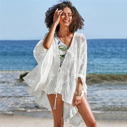 2021 Summer Women Beachwear Sexy White Crochet Tunic Beach Wrap Dress Woman Swimwear Swimsuit Cover-ups Bikini Cover Up