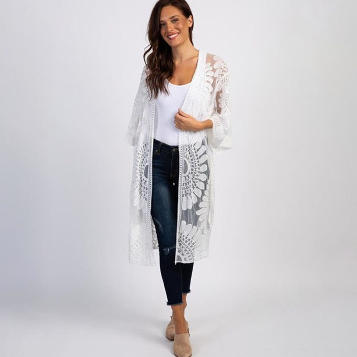 2021 New Sunflower Embroidery Beach Resort House Mid Sleeve Cardigan Hundred Sun Protection Sexy Lace Shawl Beach Cover Up
