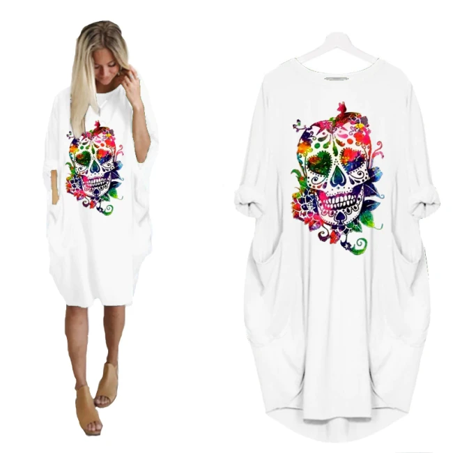 New Halloween skull print patchwork oversized dress  Midi Woman Party Casual Dresses Women Plus Size Dress