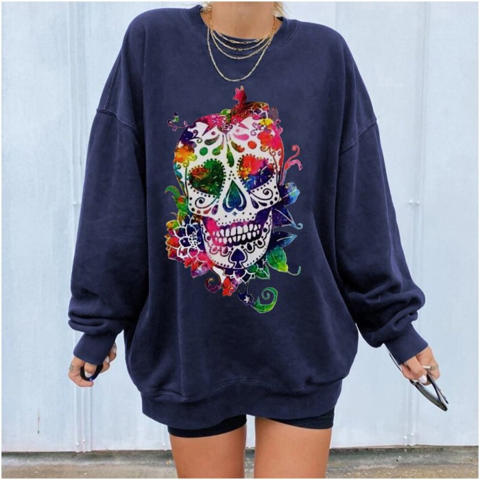 2021 Autumn casaul loose women's t-shirt round neck long sleeve skull and flower print Halloween tees Skeleton tshirts tops