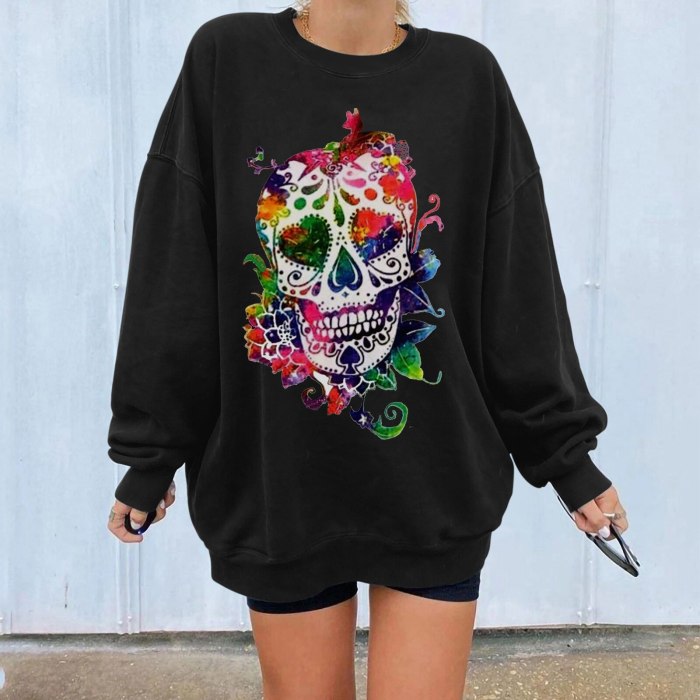2021 Autumn casaul loose women's t-shirt round neck long sleeve skull and flower print Halloween tees Skeleton tshirts tops