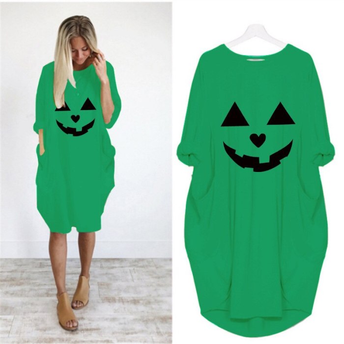 Casual Loose pocket Long Sleeve Oversized Halloween Print Dress Top Punk  Large Size 5XL Dresses