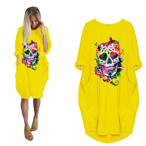 New Halloween skull print patchwork oversized dress  Midi Woman Party Casual Dresses Women Plus Size Dress