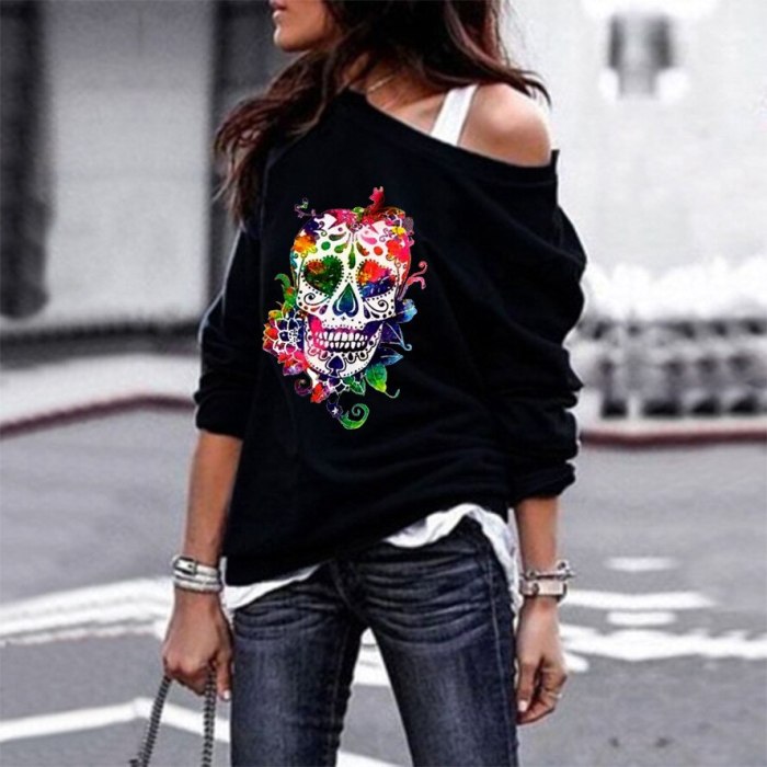 Women's Sweatshirt Round Neck Long Sleeve Halloween Skull Print Loose Casual Tops Female Plus Size Strapless Pullover