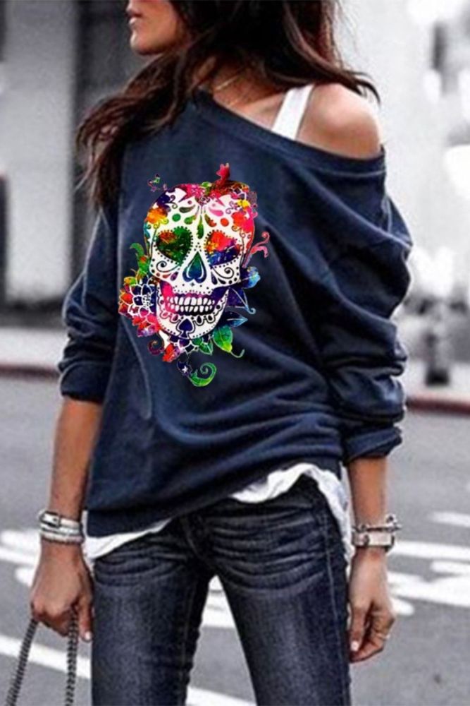 Women's Sweatshirt Round Neck Long Sleeve Halloween Skull Print Loose Casual Tops Female Plus Size Strapless Pullover