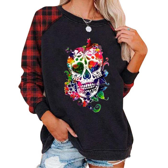 Long T-shirts Woman Skulls Flower Print Casual O-neck Oversized T-shirt Halloween Long Sleeve T-shirt New Top