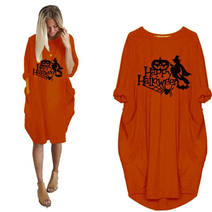 2021 Autumn Midi Dresses For Women Happy Halloween Pumpkin Skull Print O Neck Long Sleeve Pocket Dress Femme Robes 5XL Vestidos