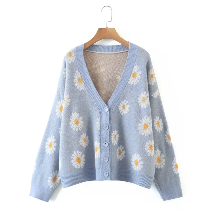 Sweet Button Down Sweater Cardigan Women Loose Knit Coat Autumn Spring Casual Lady Long Sleeve V Neck Floral Outerwear Sweater