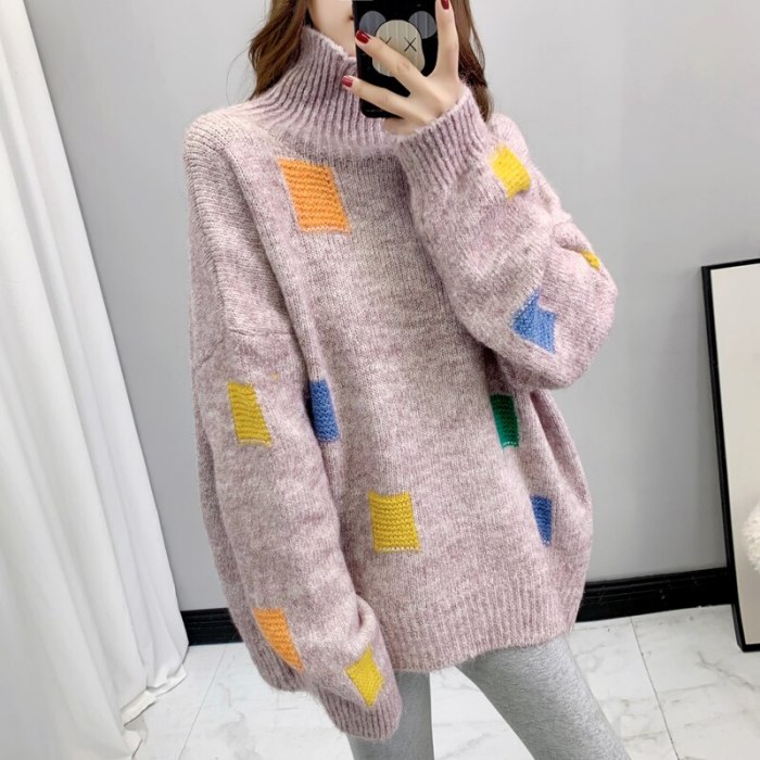 Women Turtleneck Sweater 2021 New Autumn Winter Vintage Color Plaid Oversized Pullover Sweater Female Outwear Jumper Lady