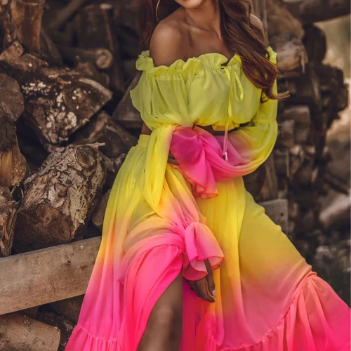Women Sexy Two Piece Set Off Shoulder Ruffle Crop Tops Suits Fashion Gradient Long Skirt See-Through Long Sleeve Beach Outfits