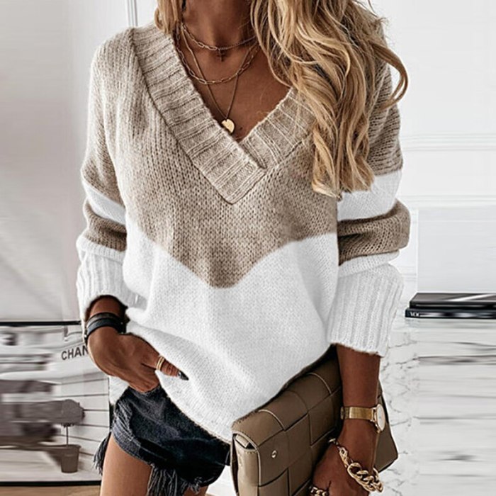 Autumn Winter Casual Long Sleeve Patchwork Loose Jumper Fashion V Neck Women Knitted Sweater Office Lady Top Pullover Streetwear