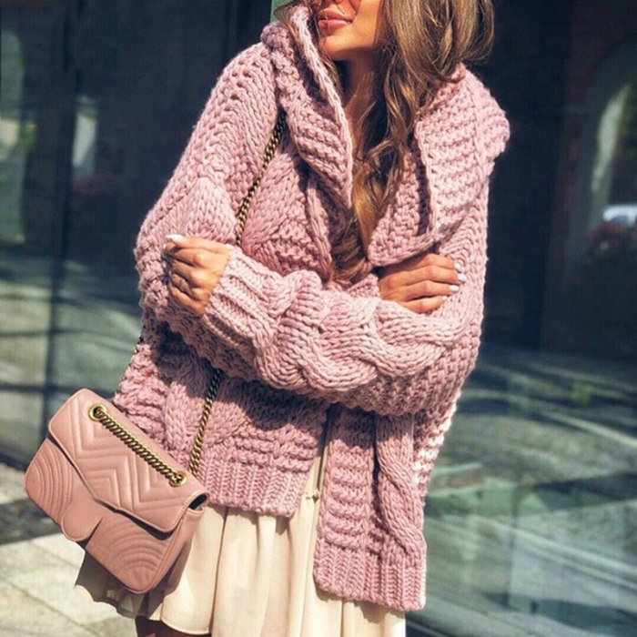 Winter Women Casual Elegant Long Sleeves Patchwork Tops Loose Autumn Hooded knitted Sweaters Cardigan Solid Warm ​Sweater Coats