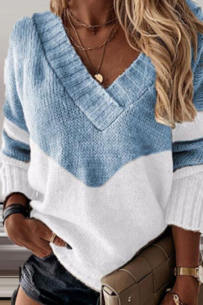 Autumn Winter Casual Long Sleeve Patchwork Loose Jumper Fashion V Neck Women Knitted Sweater Office Lady Top Pullover Streetwear