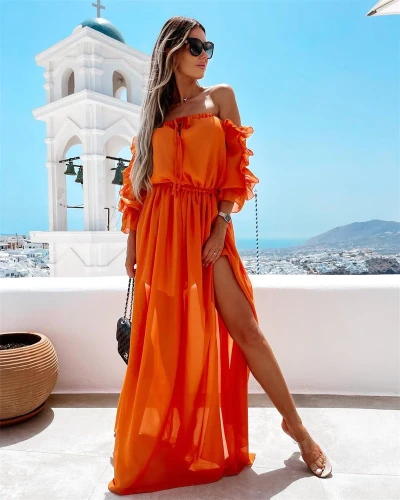 Bohemian Long Dress Women Off Shoulder Chiffon Dress Lace-up Solid Color Ruffle Beachwear Blue/Orange