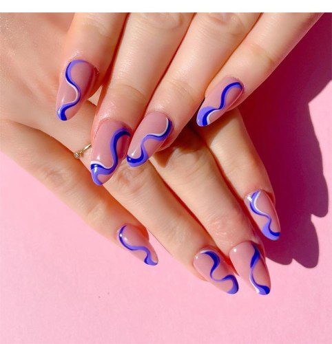 24pcs Long French False Nails Pink Wave Design Fake Nails Hit Color Ballet Blue Purple Nail Art Tools Press On Nail Summer Style