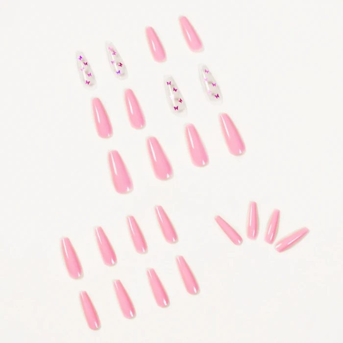 24pcs Pink Butterfly Pattern Fake Nails Full cover Fake Nails Glue DIY Manicure Nail Art Tools