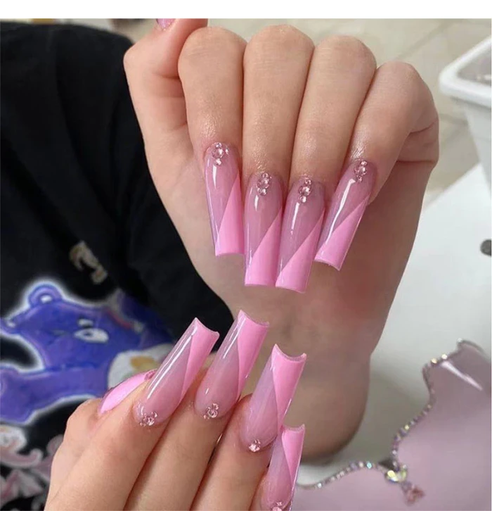 24pcs Long French False Nails Pink Wave Design Fake Nails Hit Color Ballet Blue Purple Nail Art Tools Press On Nail Summer Style