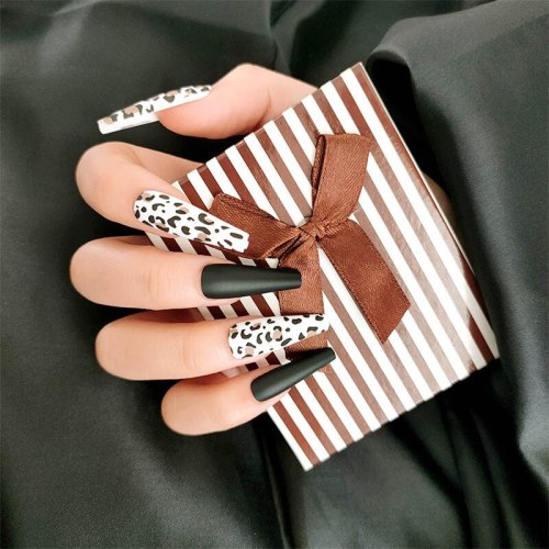 24pcs /box Frosting Matte Leopard Print Super long coffin nails False nails wear Nail piece acrylic nail products