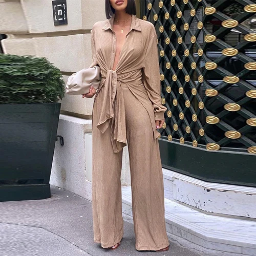 Spring Summer Office Lady Elegant V-Neck Lantern Long Sleeve Tops+Wide Leg Pants Sets Women Sexy Lace-Up Two Piece Sets Outfits