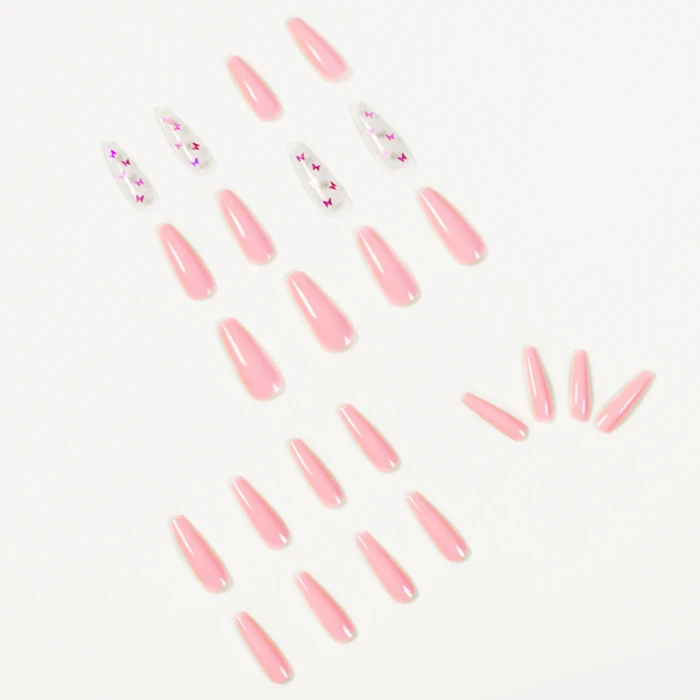 24pcs Pink Butterfly Pattern Fake Nails Full cover Fake Nails Glue DIY Manicure Nail Art Tools