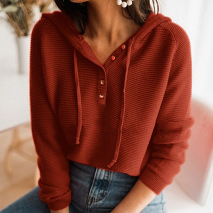 Long Sleeve Drawstring Hooded Tops Women Casual Button Ribbed Knitted Sweater Autumn Pullover Spring Solid Basic Sweaters Jumper