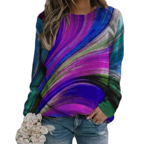 Female Tees Shirts rainbow Print Long Sleeve O-neck Loose Casual Womens Tshirt New 2021 Tops Pullovers Autumn Clothing Ladies