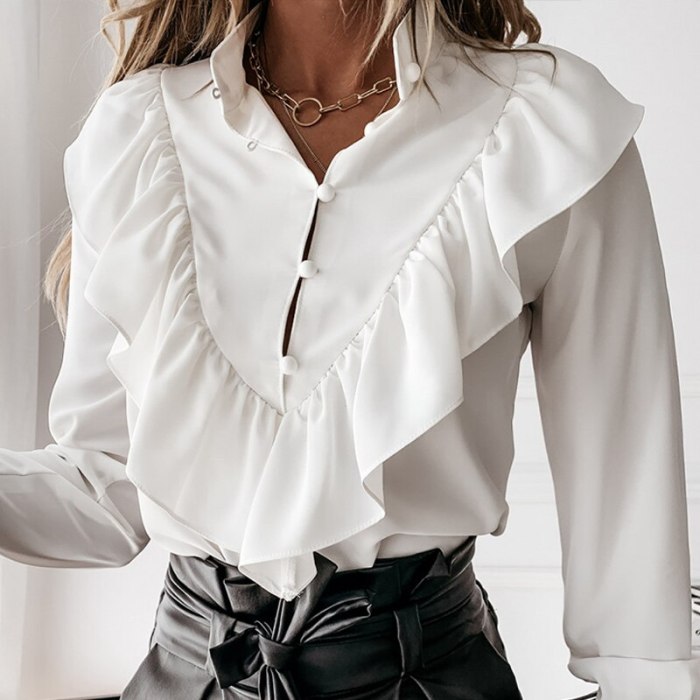 Casual Leopard Dot Print Ruffle Blouse Shirt Autumn Winter Long Sleeve Women Shirts Elegant Office Lady V-Neck Button Tops Blusa