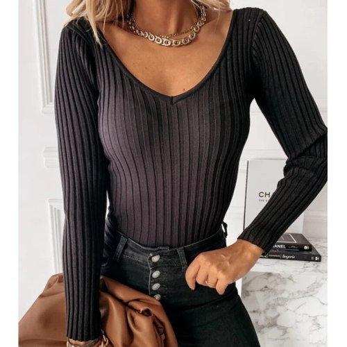 Long Sleeve Tops Women Sexy V-Neck 2021 Autumn Winter Casual Bodycon Tees Female Solid Khaki Black Office Lady Tops Shirt G1970