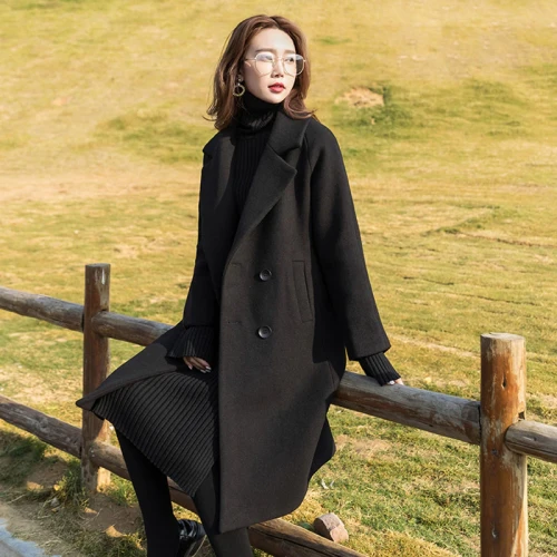 Net Red 2021 New Fahsion Autumn And Winter Black Hepburn Tweed Coat Women's Middle Long Thickened And Slim Tweed Coat