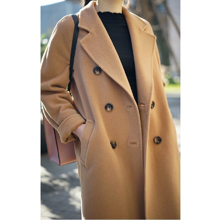Office Lady 2021 Fashion High-end Camel Double Breasted Double Faced Cashmere Coat Women's Middle And Long Woollen Tweed Coats