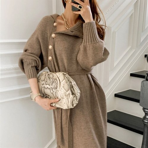 2021 French Niche Fall Winter Outfits Loose And Thin High-neck Sweater Two-wear Lace-up Waist Knitted Dress