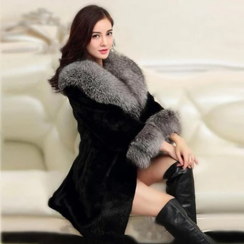 Winter New Faux fur Coat Jacket Mid-Long Faux Fox Fur Collar Female Coats Large Size 4XL Parkas Warm Outerwear Casaco Feminino