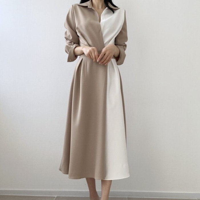 Autumn Retro Temperament Contrast Color Lapel Long-Sleeved Shirt Female Midi Dress 2021 Korean Elegant Fashion Slim Chic Dress