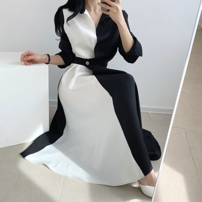 Autumn Retro Temperament Contrast Color Lapel Long-Sleeved Shirt Female Midi Dress 2021 Korean Elegant Fashion Slim Chic Dress