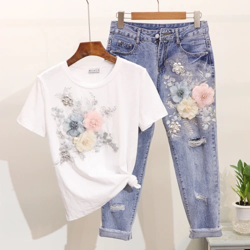 New Summer 2 Piece Set Women Heavy Work Embroidery 3D Flower Tshirts + Hole Jeans 2pcs Clothes Sets Casual Suits Outfits MY1385