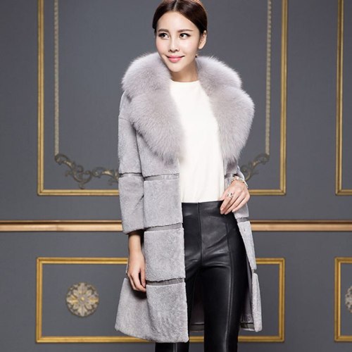 Fashion Slim Mid-Long Faux Fox Fur Collar Lamb Fur Coat Autumn Winter Casaco Feminino Sheep Shear Coat Trench Coat Female C155