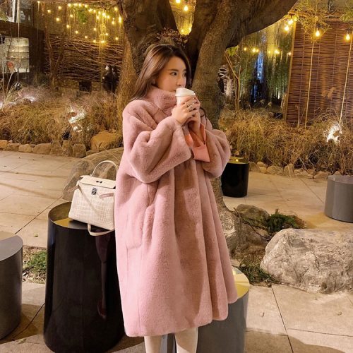 Winter New Plush Coat Imitation Fur Mink Long Coat High Collar Knee Thickened Loose Cardigan Coat Women