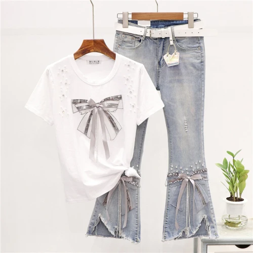 2021 New Summer Two Piece Set Women Ribbons Beaded Bow T-shirt + Ripped Flared Jeans 2 Piece Set Woman Denim Pants Suit MY1815