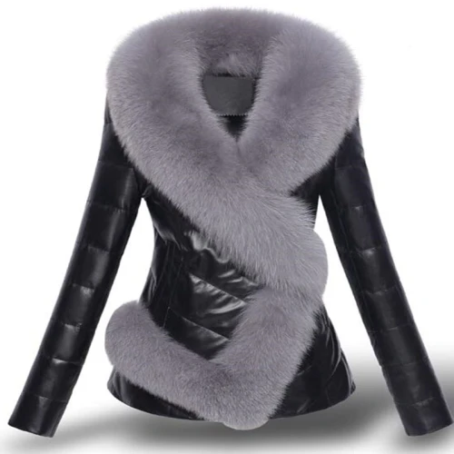 High quality Fashion Women Leather Jacket Short Faux Fox Fur Collar Slim Thick Warm Winter Coat Overcoat Motorcycle clothing